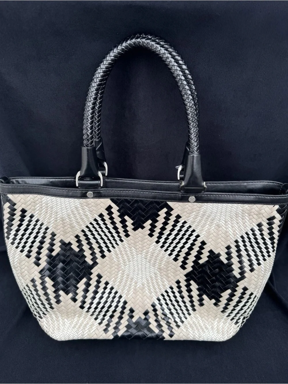 Cole Haan Black/Cream Woven genuine leather BrandNEw W/out tag East West tote